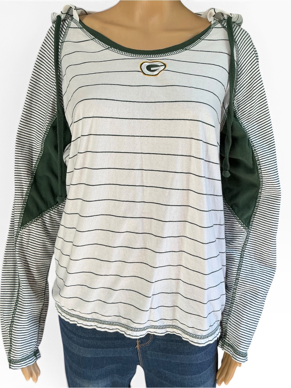 Vintage Y2K Antigua Green and White Striped Women’s Hoodie Top